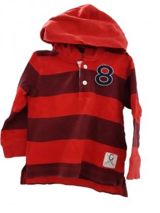 Rdeč pulover s kapuco in številko 3-4 L