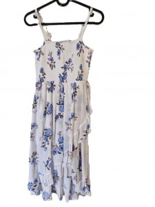 Bela dolga poletna obleka z modrimi rožami in naramnicami 9-10 L