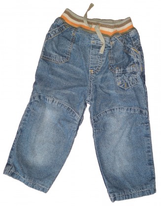 Modre dolge podložene jeans hlače s pisanim elastičnim pasom 12-18 M