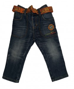 Jeans hlače z regulacijo, naštki in oranžnim pasom 12-18 M