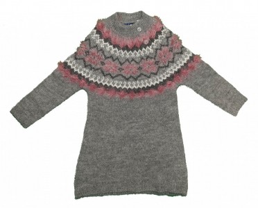 Siv daljši pleten pulover/oblekica z roza dodatki 18-24 M