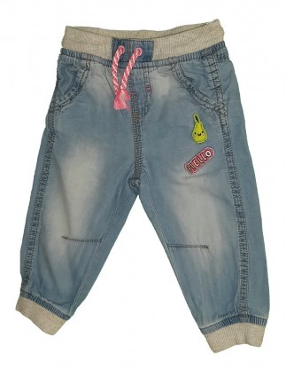 Tanjše jeans hlače z elastičnim pasom, vrvico in našitki 6-9 M