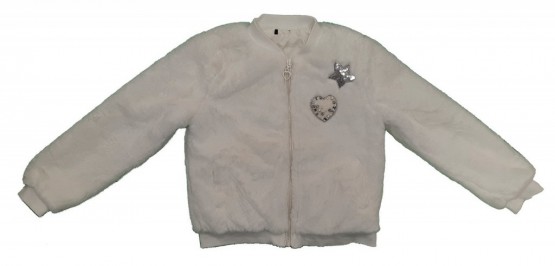 Bela kosmatena prehodna jakna z našitki 5-6 L